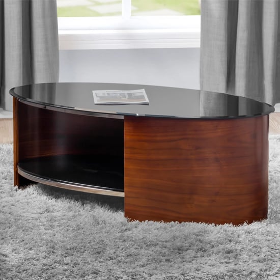 Read more about Bent wood coffee table oval in black glass with walnut
