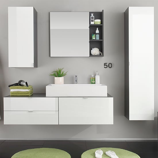 Photo of Bento bathroom furniture set in grey with gloss white fronts