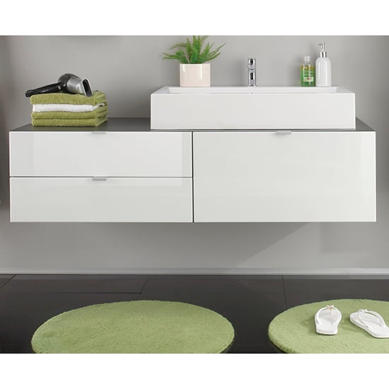 Photo of Bento wall sink vanity unit in grey with gloss white fronts