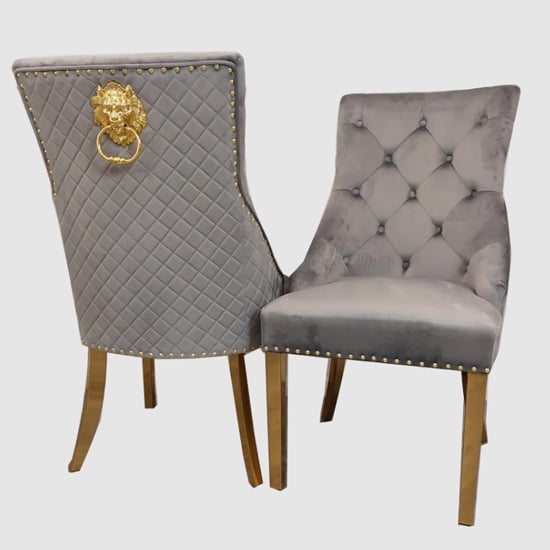 Product photograph of Benton Light Grey Velvet Dining Chairs With Gold Legs In Pair from Furniture in Fashion