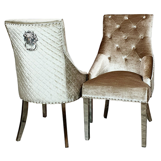 Benton Lion Knocker Beige Velvet Dining Chairs In Pair Furniture in