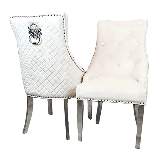 Product photograph of Benton Lion Knocker Cream Velvet Dining Chairs In Pair from Furniture in Fashion