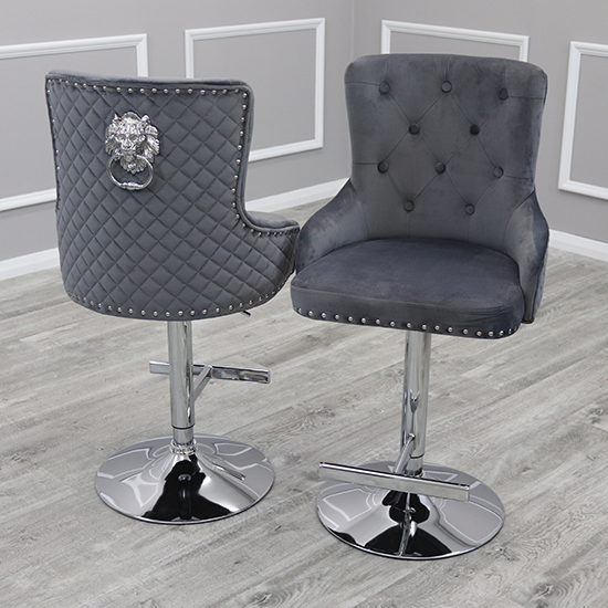 Benton Lion Knocker Dark Grey Velvet Bar Stools In Pair Furniture in