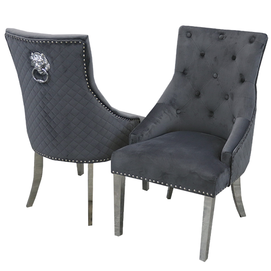 Product photograph of Benton Lion Knocker Dark Grey Velvet Dining Chairs In Pair from Furniture in Fashion