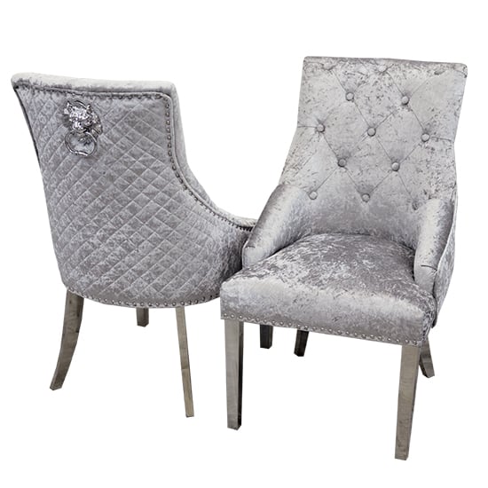 Product photograph of Benton Lion Knocker Grey Shimmer Velvet Dining Chairs In Pair from Furniture in Fashion