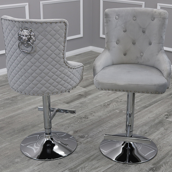 Benton Lion Knocker Light Grey Velvet Bar Stools In Pair Furniture in