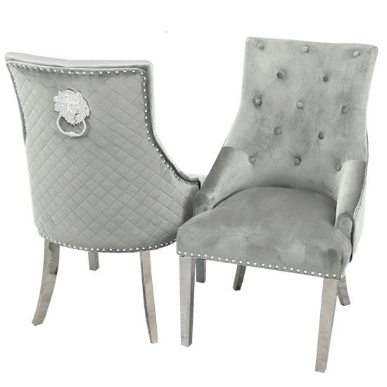 Photo of Benton lion knocker light grey velvet dining chairs in pair