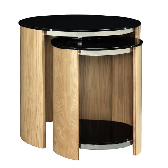 Photo of Bentwood glass nesting tables in oak and black with chrome frame