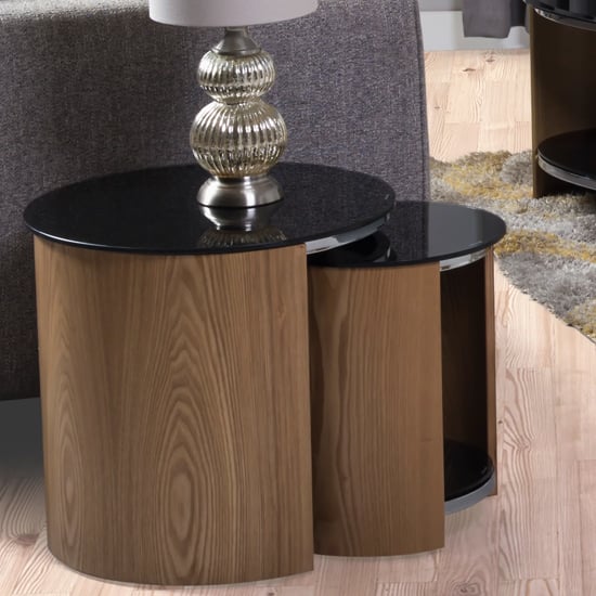 Product photograph of Bentwood Walnut Black Glass Nesting Tables With Chrome Frame from Furniture in Fashion