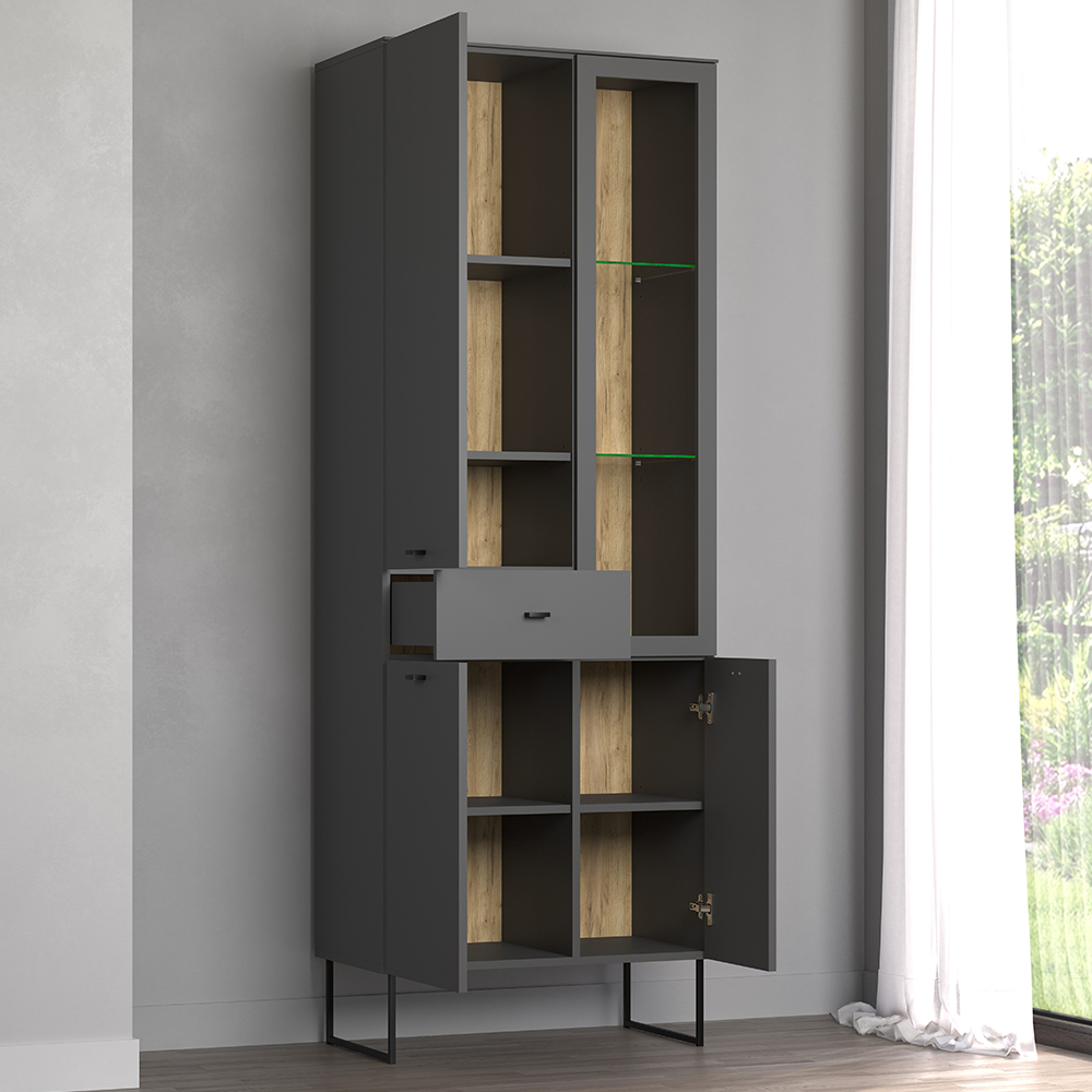 Benvia Wooden Display Cabinet with 3 Doors 1 Drawer in Anthracite and Evoke Oak