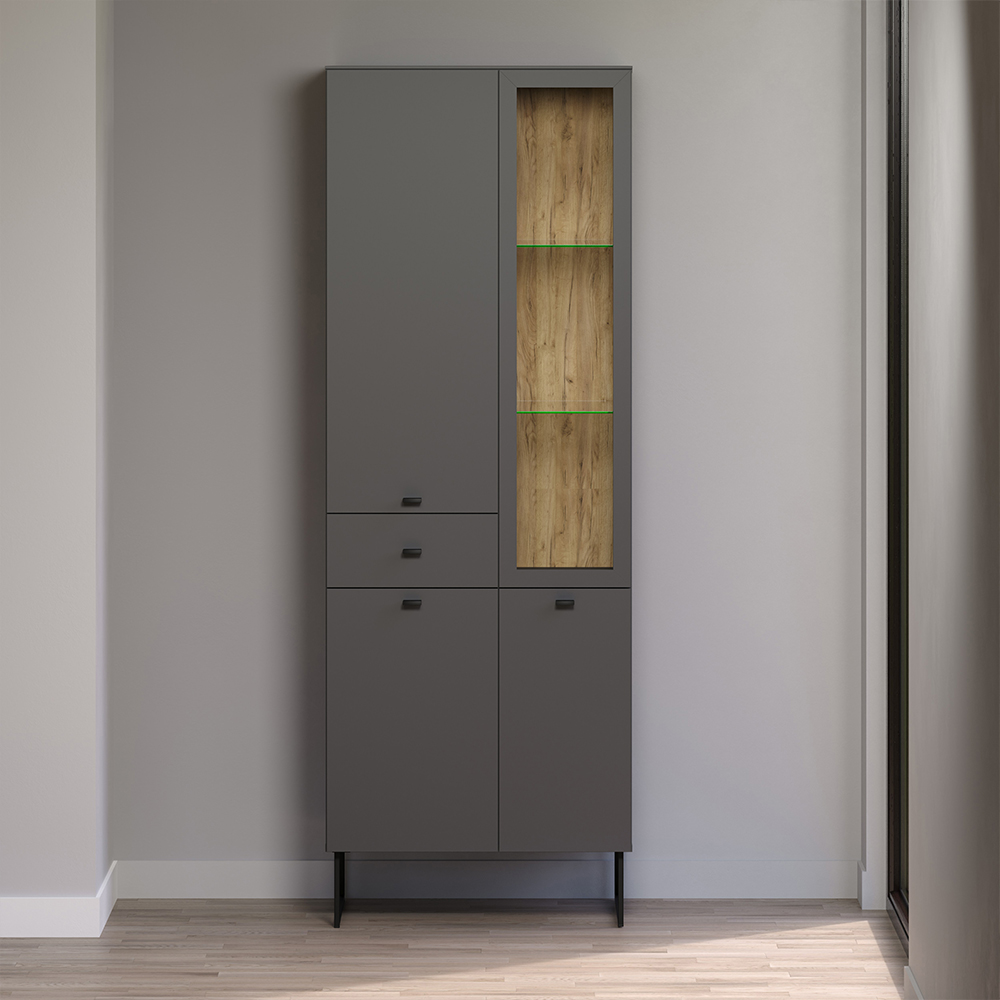 Benvia Wooden Display Cabinet with 3 Doors 1 Drawer in Anthracite and Evoke Oak