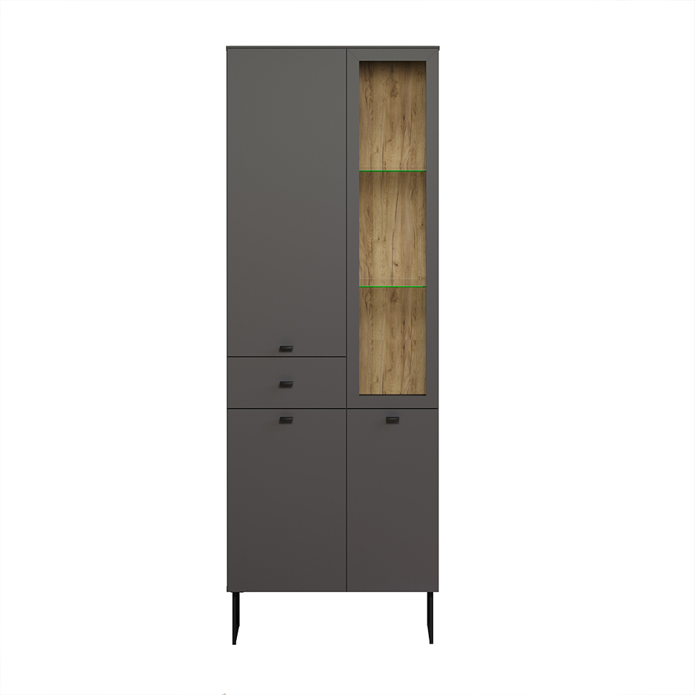 Benvia Wooden Display Cabinet with 3 Doors 1 Drawer in Anthracite and Evoke Oak
