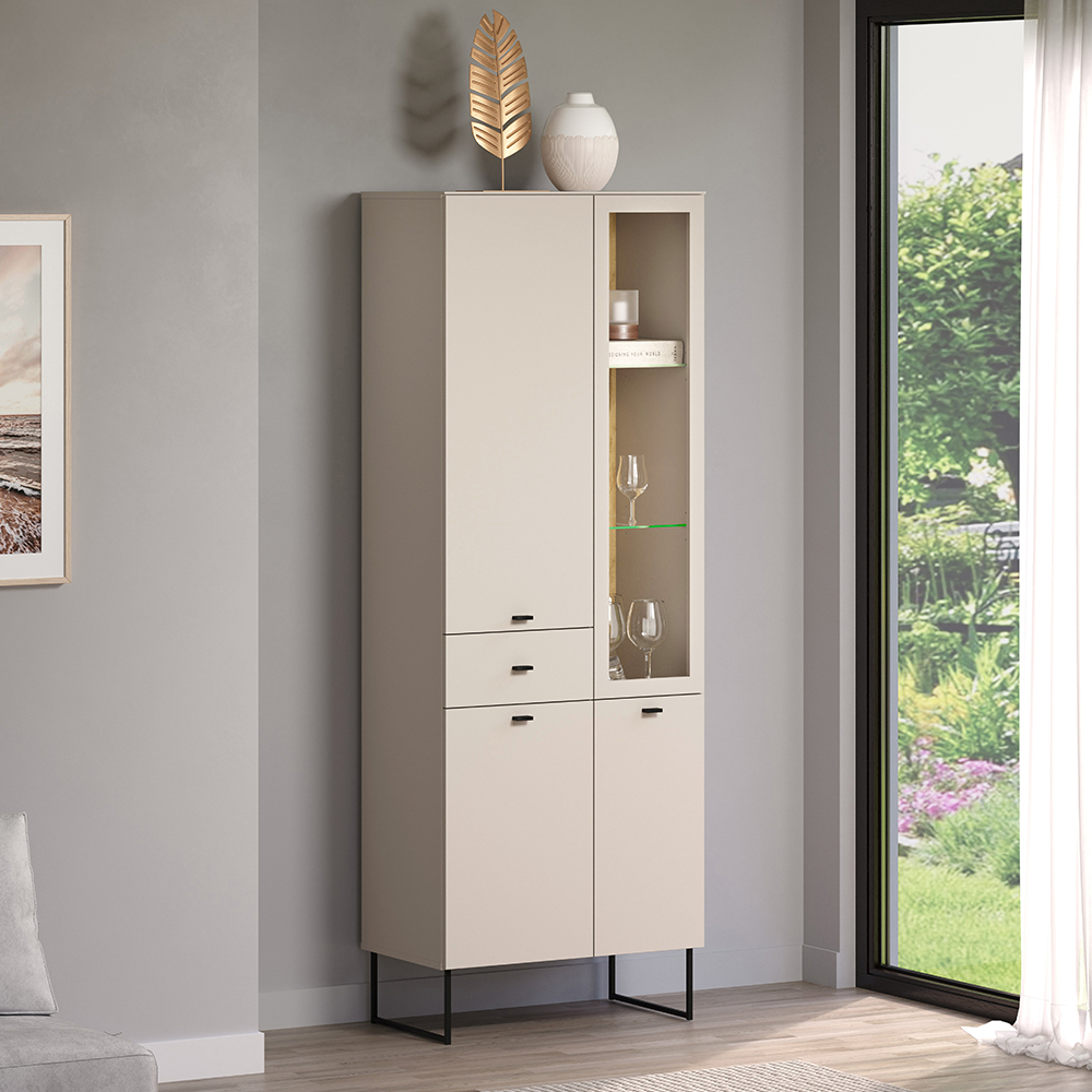 Benvia Wooden Display Cabinet with 3 Doors 1 Drawer in Cashmere and Evoke Oak