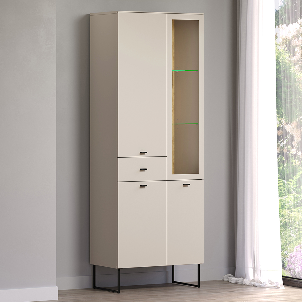 Benvia Wooden Display Cabinet with 3 Doors 1 Drawer in Cashmere and Evoke Oak