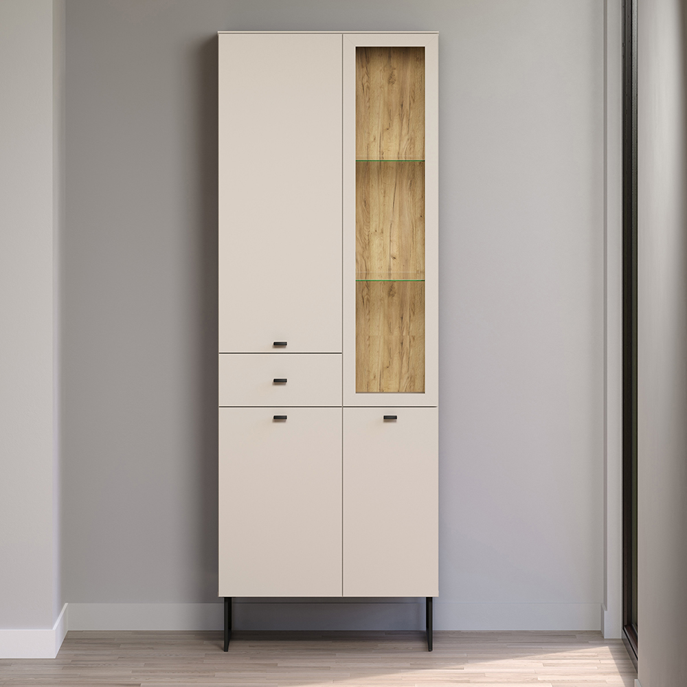 Benvia Wooden Display Cabinet with 3 Doors 1 Drawer in Cashmere and Evoke Oak