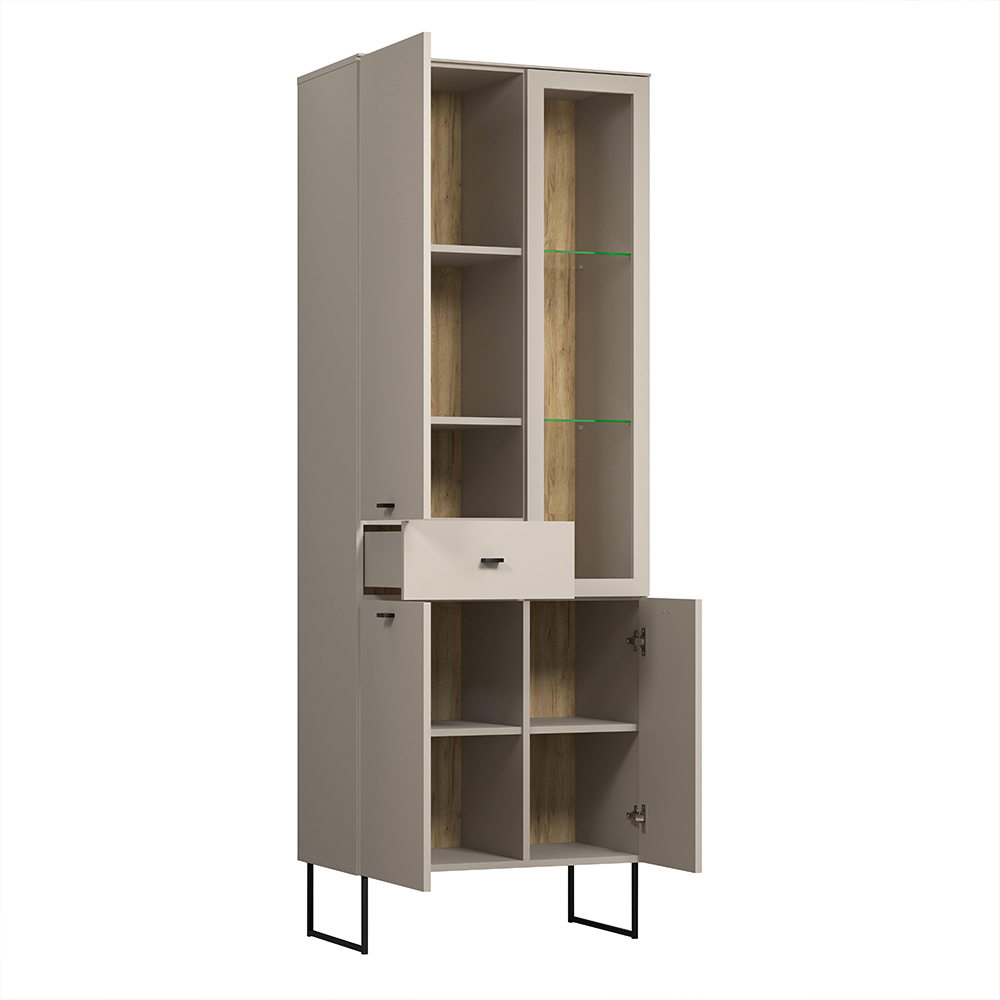 Benvia Wooden Display Cabinet with 3 Doors 1 Drawer in Cashmere and Evoke Oak