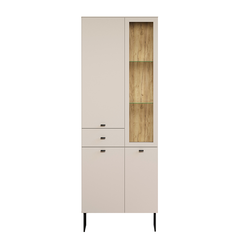 Benvia Wooden Display Cabinet with 3 Doors 1 Drawer in Cashmere and Evoke Oak