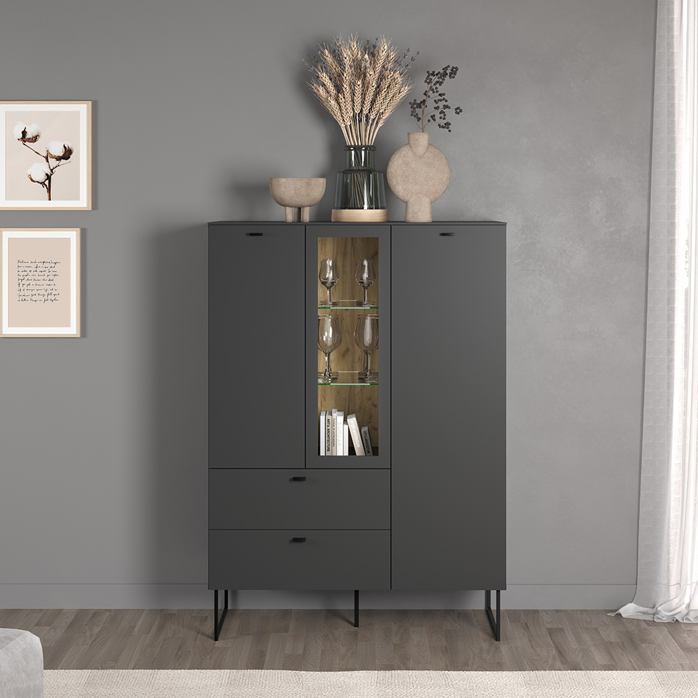Benvia Wooden Highboard with 2 Doors 2 Drawers in Anthracite and Evoke Oak