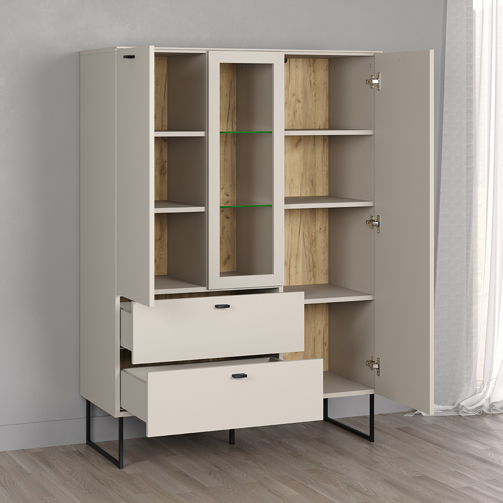 Benvia Wooden Highboard with 2 Doors 2 Drawers in Cashmere and Evoke Oak