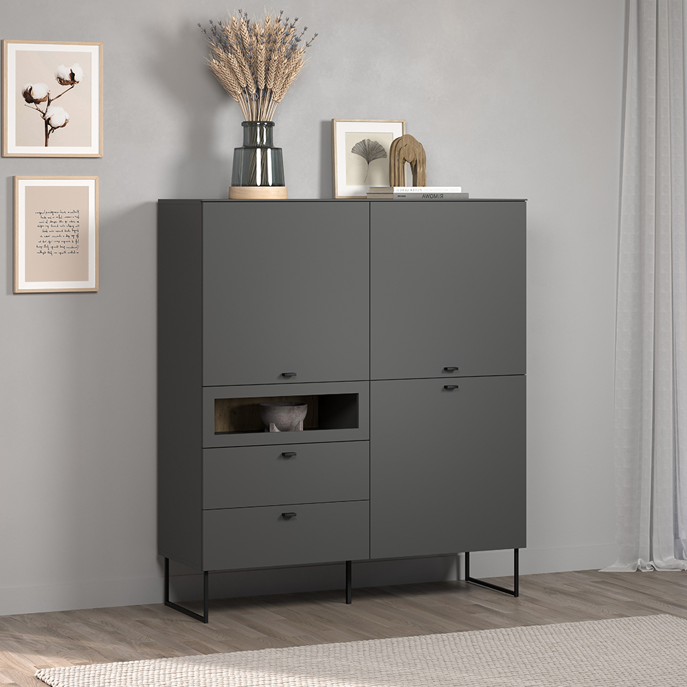 Benvia Wooden Highboard with 3 Doors 2 Drawers in Anthracite and Evoke Oak