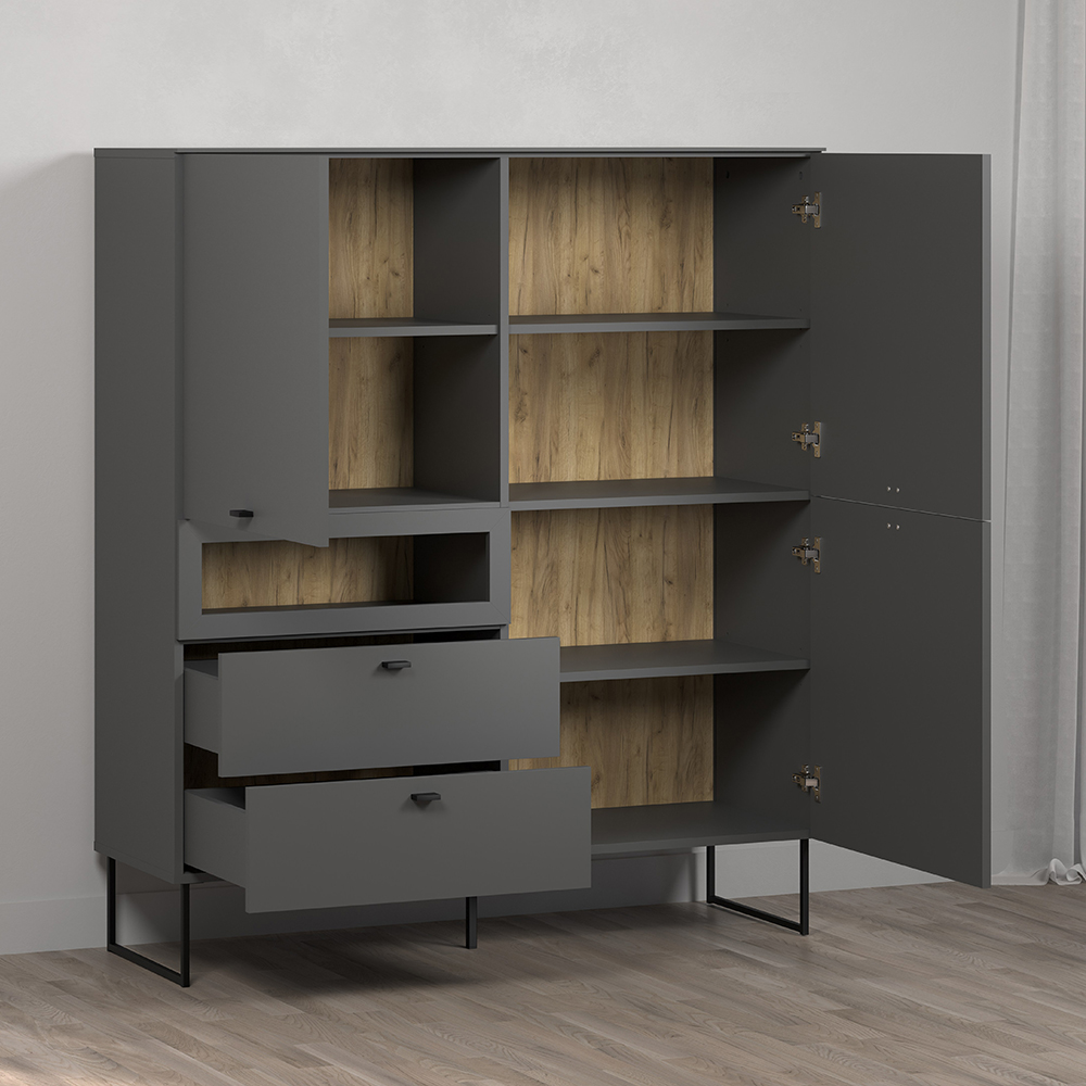 Benvia Wooden Highboard with 3 Doors 2 Drawers in Anthracite and Evoke Oak