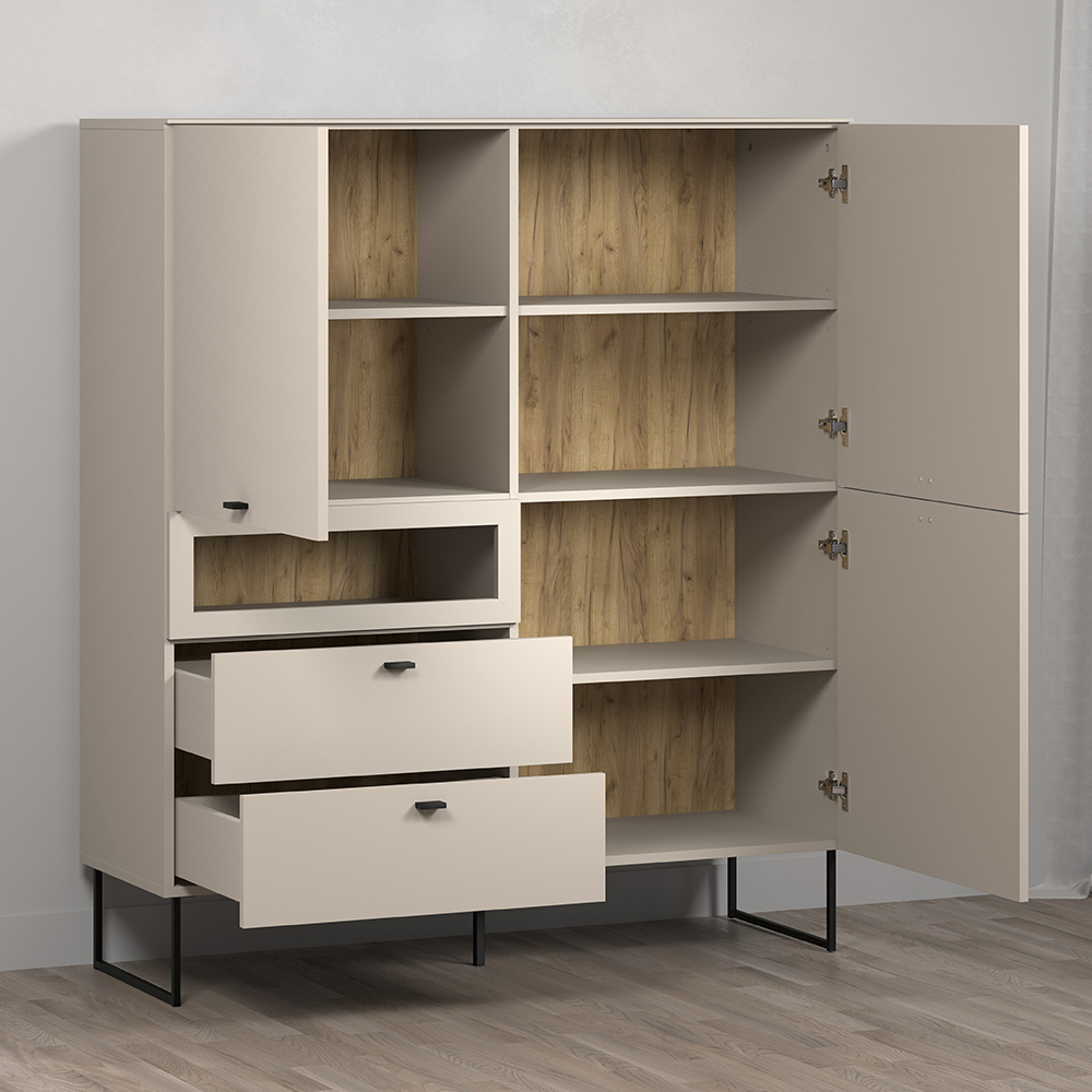Benvia Wooden Highboard with 3 Doors 2 Drawers in Cashmere and Evoke Oak