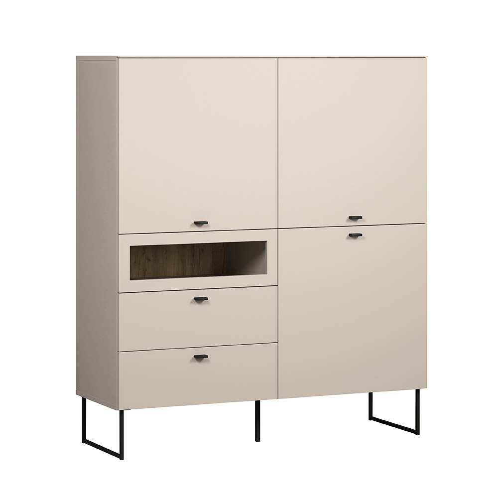 Benvia Wooden Highboard with 3 Doors 2 Drawers in Cashmere and Evoke Oak