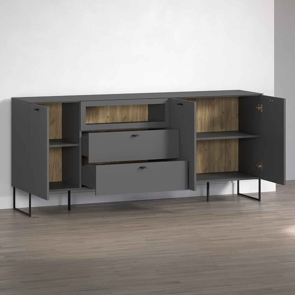 Benvia Wooden Sideboard with 3 Doors 2 Drawers in Anthracite and Evoke Oak
