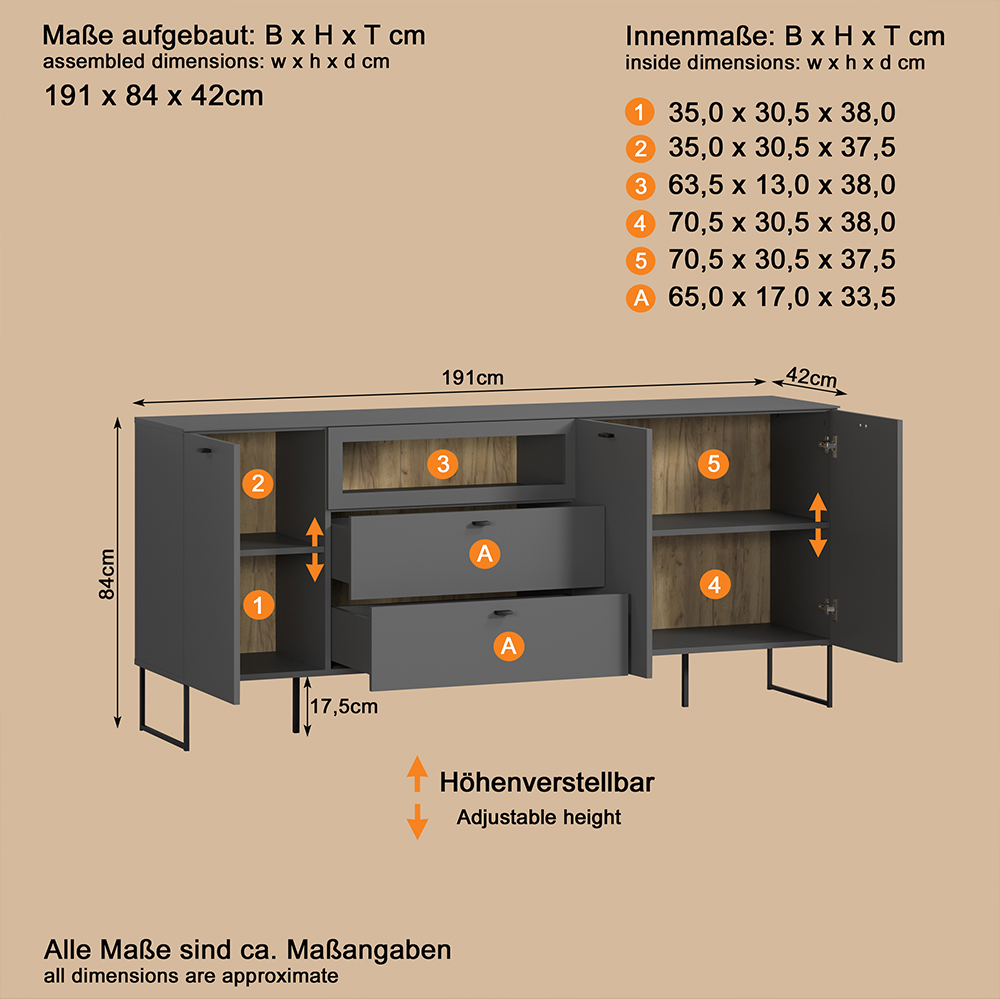 Benvia Wooden Sideboard with 3 Doors 2 Drawers in Anthracite and Evoke Oak