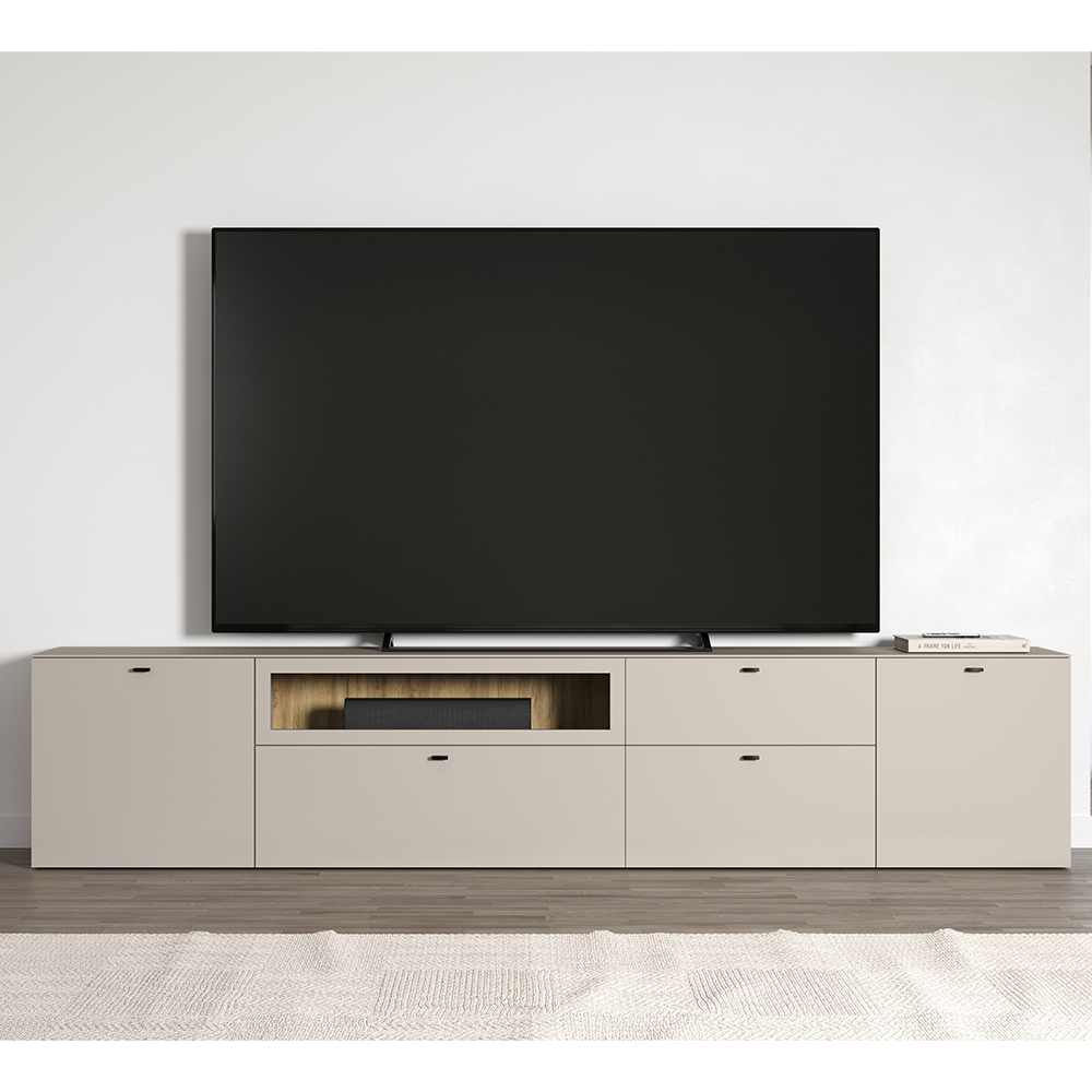 Benvia Wooden TV Stand with 3 Doors in Cashmere and Evoke Oak