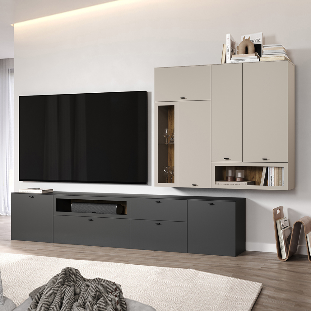 Benvia Wooden TV Stand with Wall Cabinet in Anthracite and Cashmere