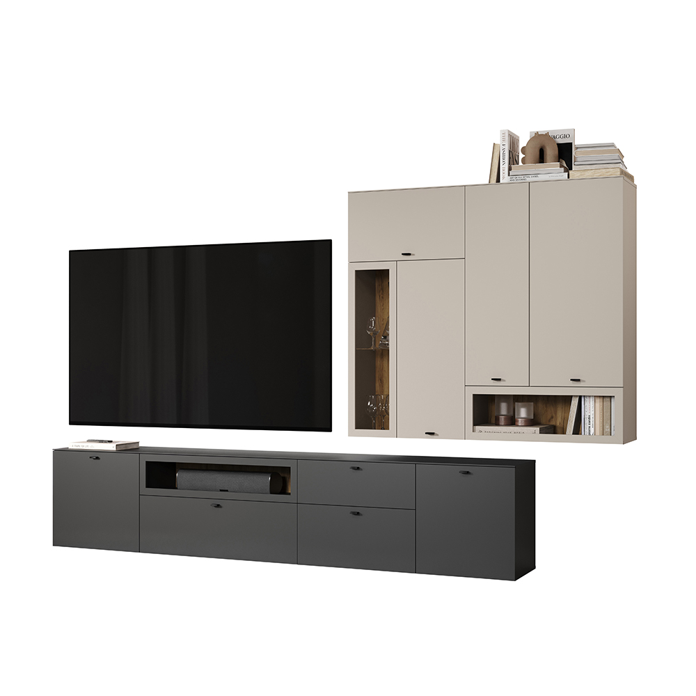 Benvia Wooden TV Stand with Wall Cabinet in Anthracite and Cashmere