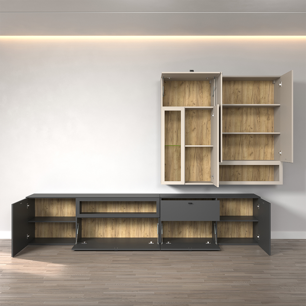 Benvia Wooden TV Stand with Wall Cabinet in Anthracite and Cashmere