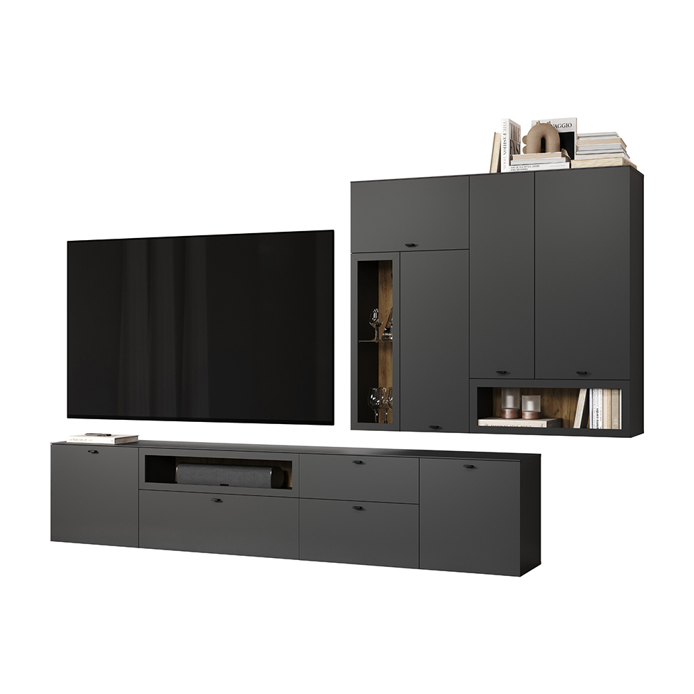 Benvia Wooden TV Stand with Wall Cabinet in Anthracite and Evoke Oak