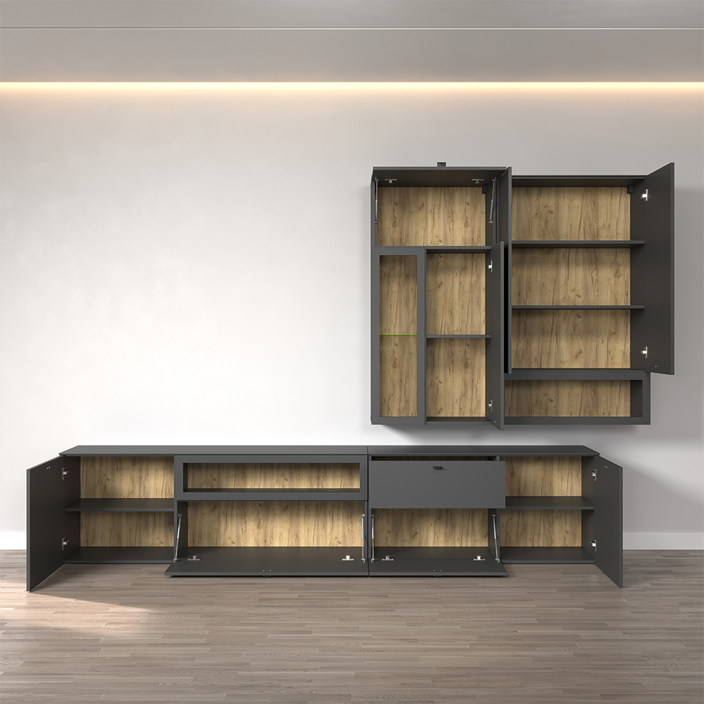 Benvia Wooden TV Stand with Wall Cabinet in Anthracite and Evoke Oak