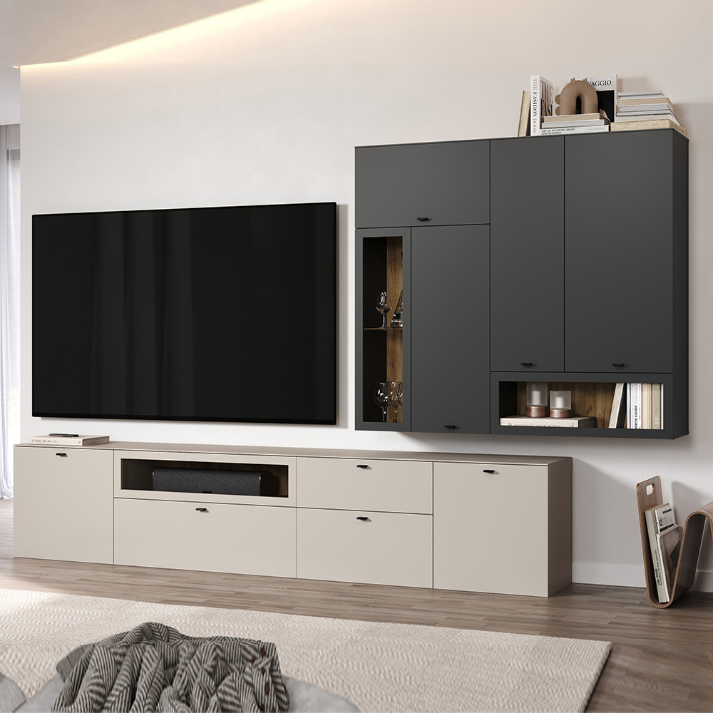 Benvia Wooden TV Stand with Wall Cabinet in Cashmere and Anthracite