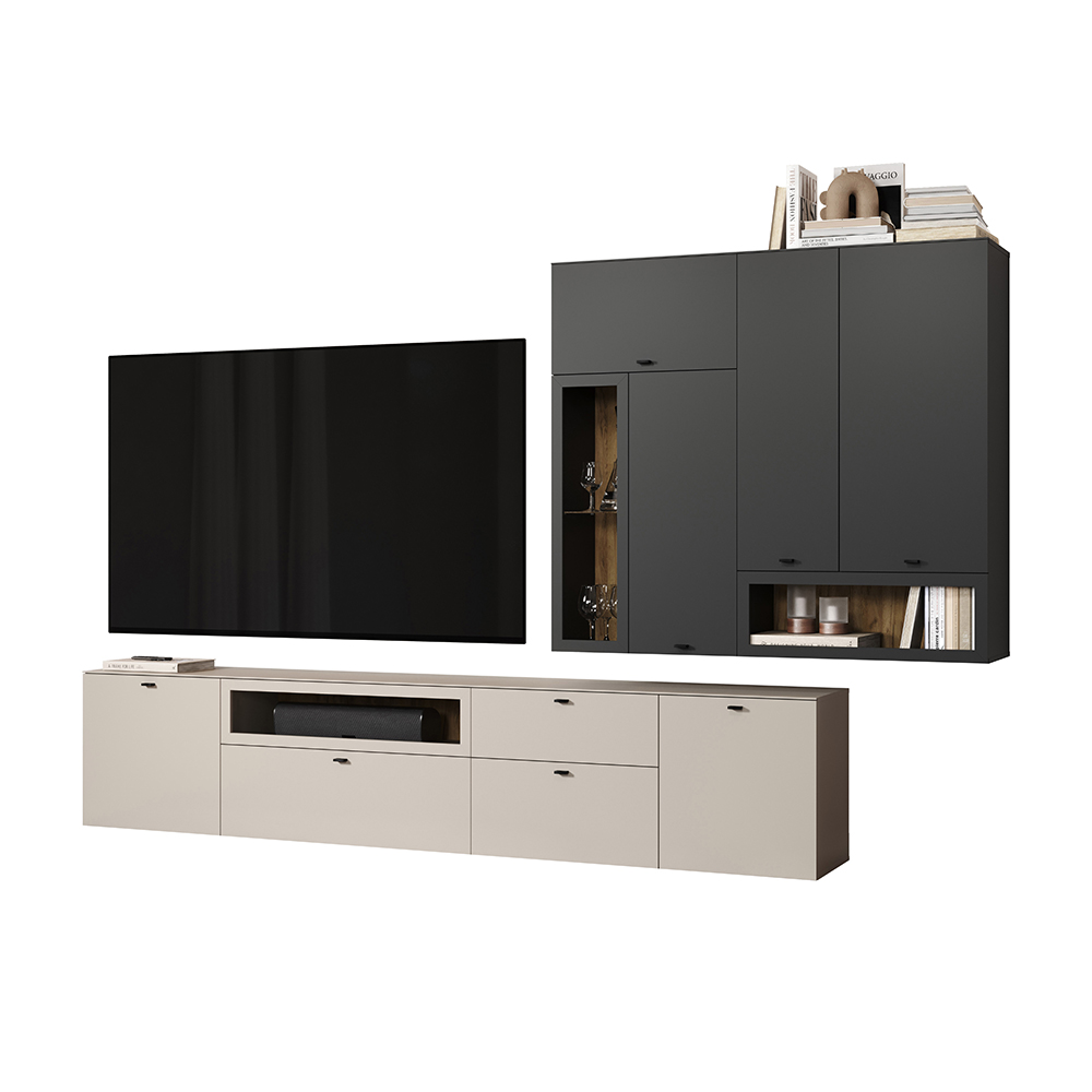 Benvia Wooden TV Stand with Wall Cabinet in Cashmere and Anthracite