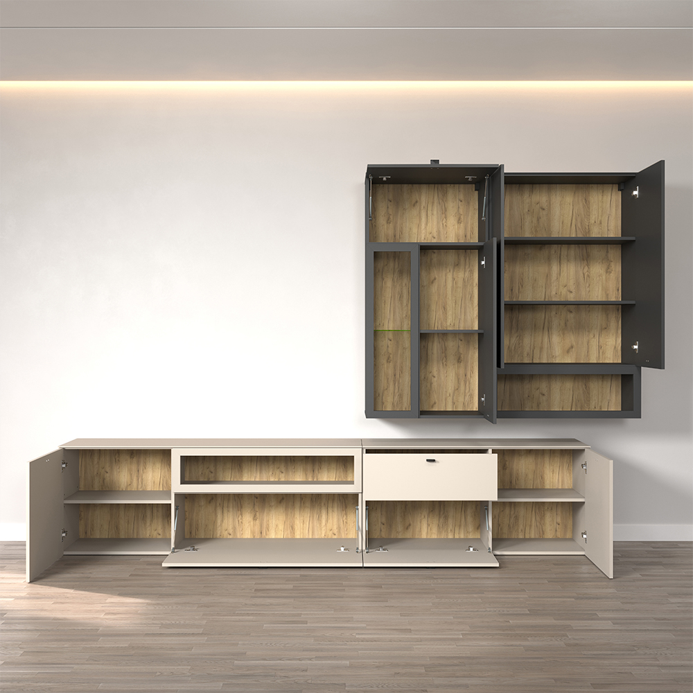 Benvia Wooden TV Stand with Wall Cabinet in Cashmere and Anthracite