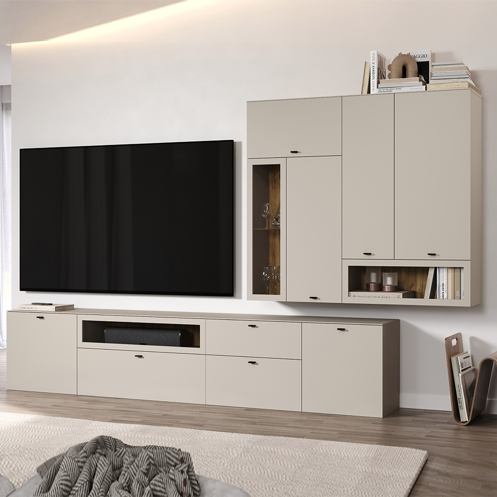 Benvia Wooden TV Stand with Wall Cabinet in Cashmere and Evoke Oak