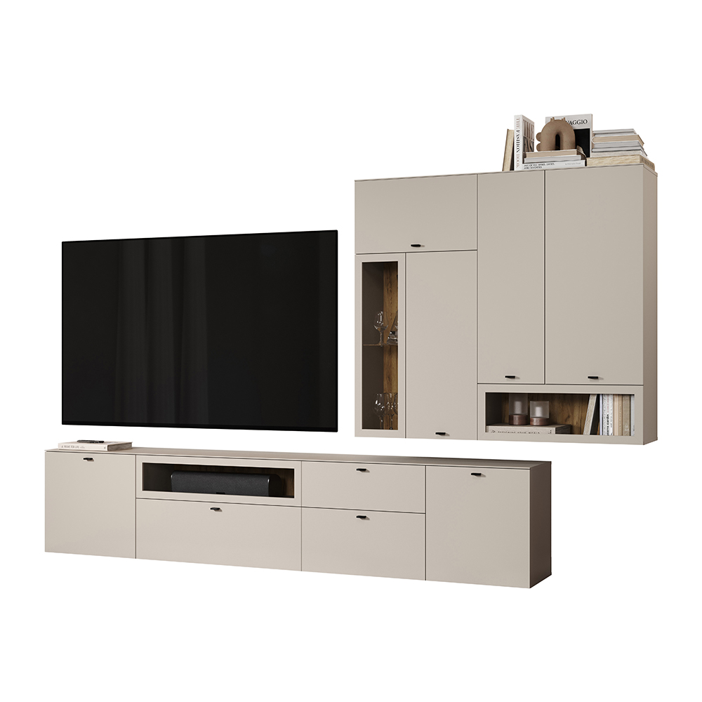Benvia Wooden TV Stand with Wall Cabinet in Cashmere and Evoke Oak