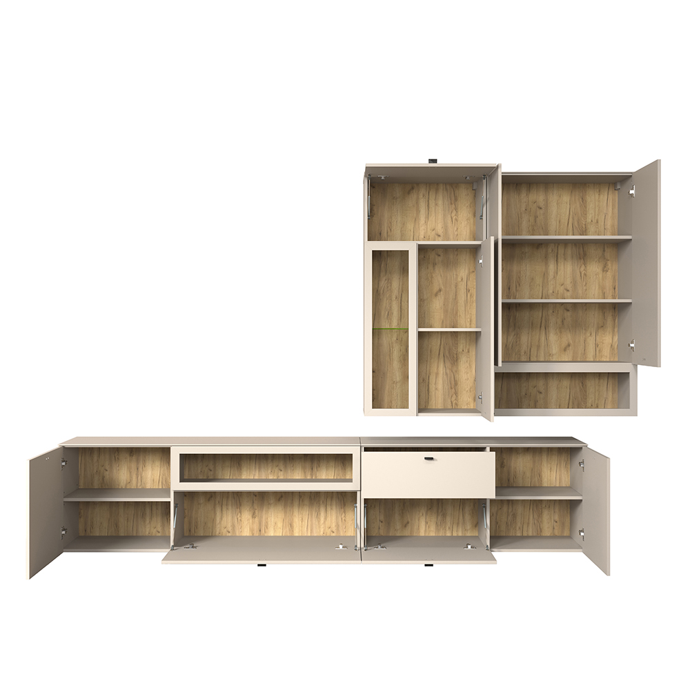 Benvia Wooden TV Stand with Wall Cabinet in Cashmere and Evoke Oak