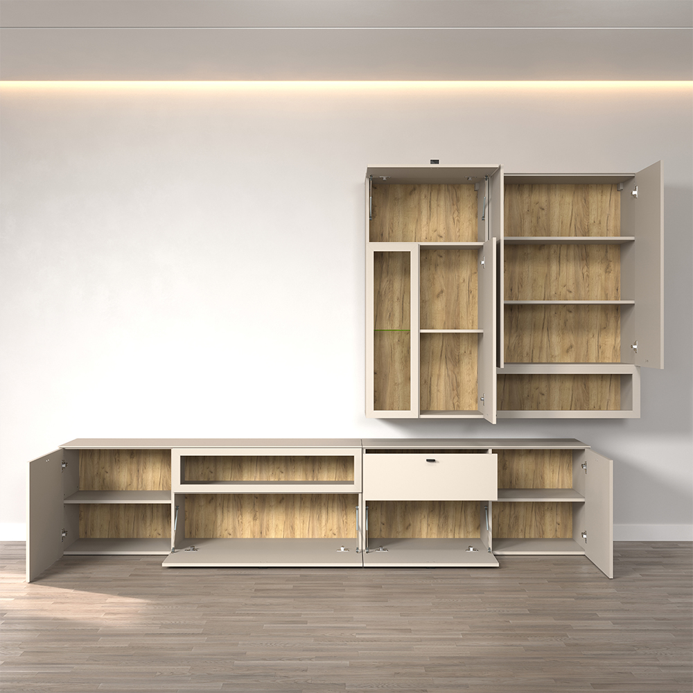 Benvia Wooden TV Stand with Wall Cabinet in Cashmere and Evoke Oak