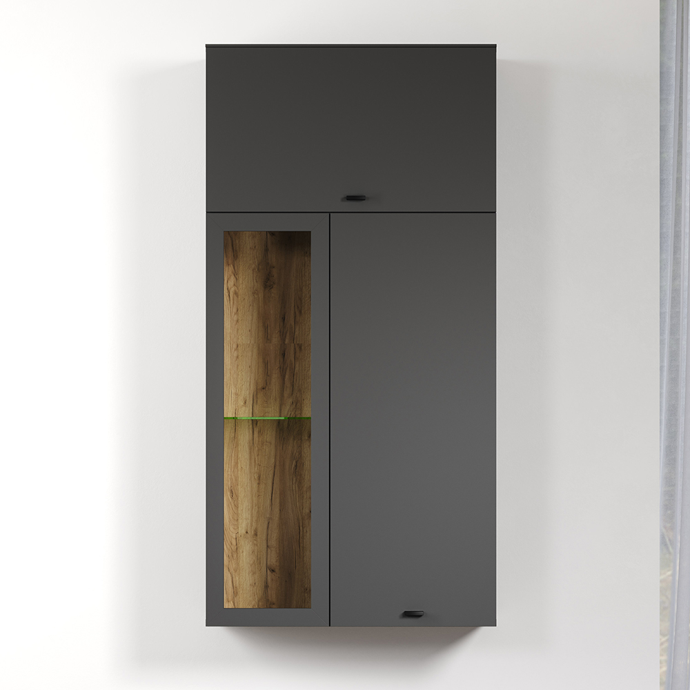 Benvia Wooden Wall Mounted Display Cabinet with 1 Flap Door in Anthracite and Evoke Oak