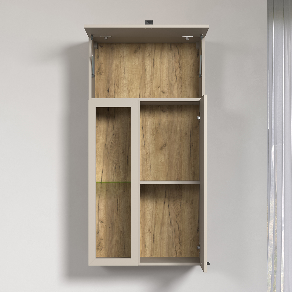 Benvia Wooden Wall Mounted Display Cabinet with 1 Flap Door in Cashmere and Evoke Oak