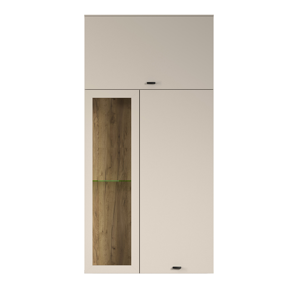 Benvia Wooden Wall Mounted Display Cabinet with 1 Flap Door in Cashmere and Evoke Oak