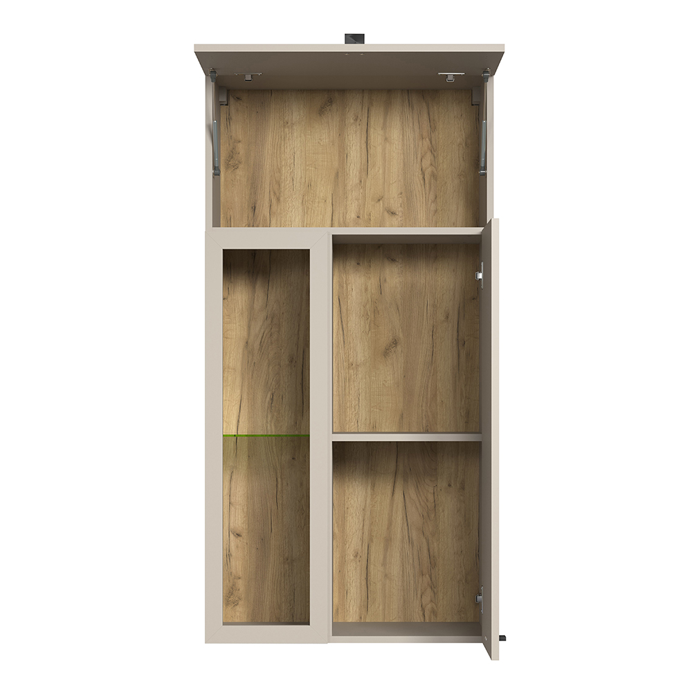 Benvia Wooden Wall Mounted Display Cabinet with 1 Flap Door in Cashmere and Evoke Oak