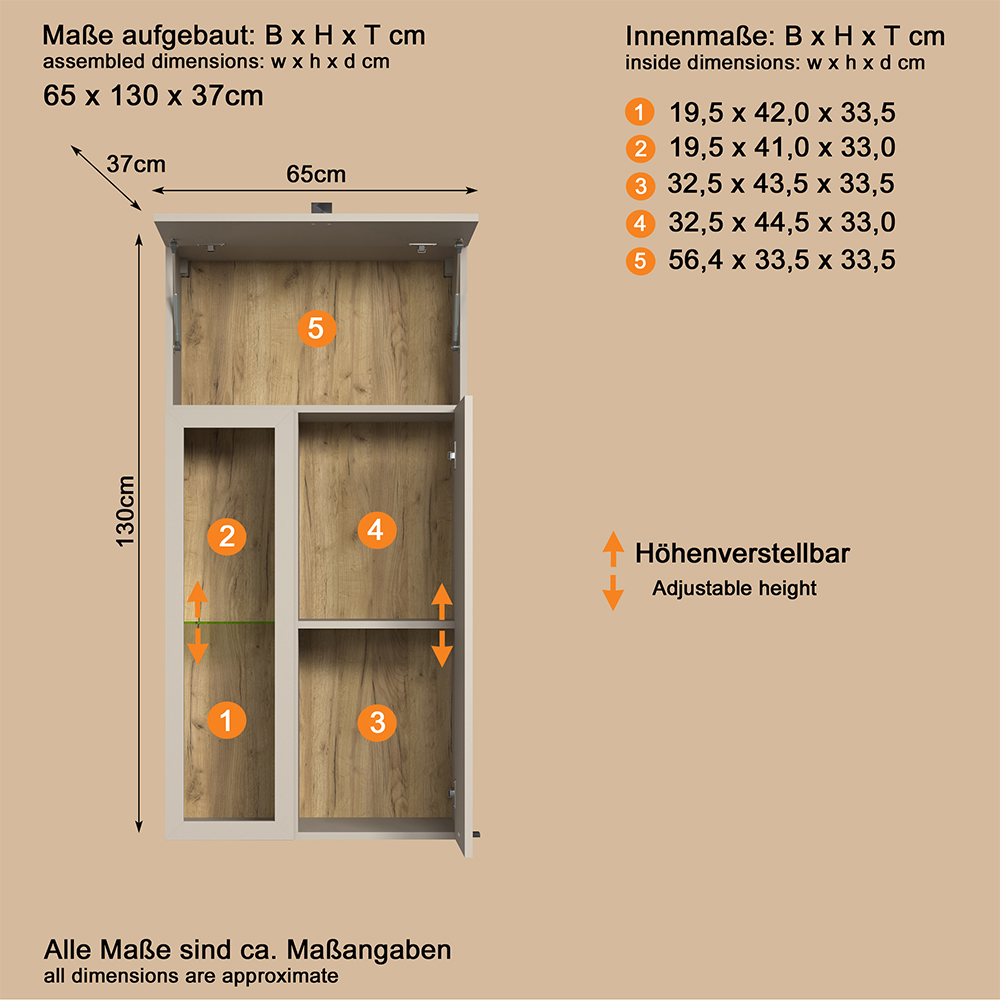 Benvia Wooden Wall Mounted Display Cabinet with 1 Flap Door in Cashmere and Evoke Oak