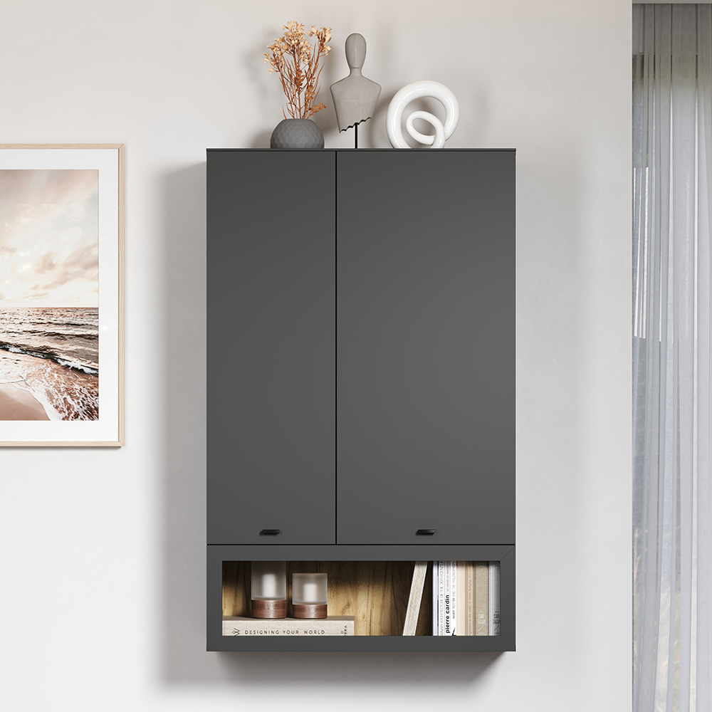 Benvia Wooden Wall Mounted Display Cabinet with 2 Doors in Anthracite and Evoke Oak