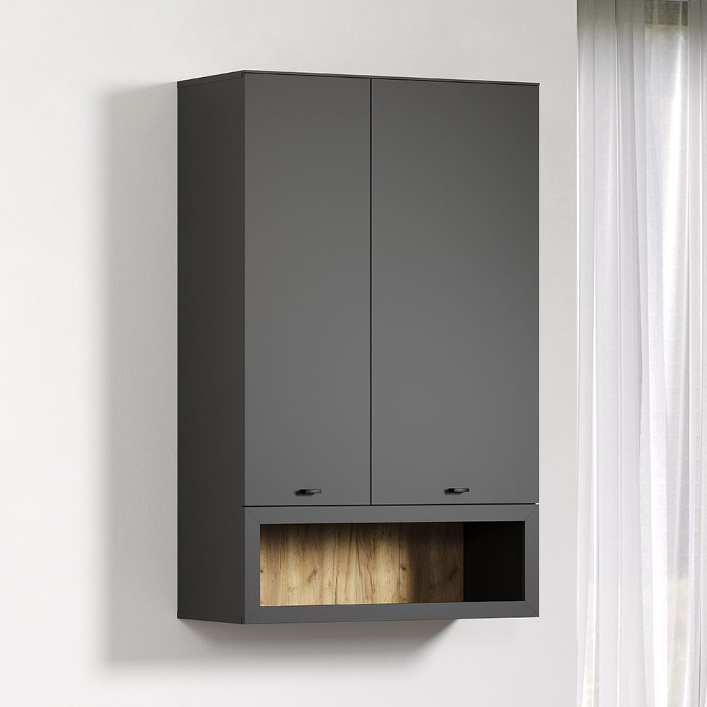 Benvia Wooden Wall Mounted Display Cabinet with 2 Doors in Anthracite and Evoke Oak