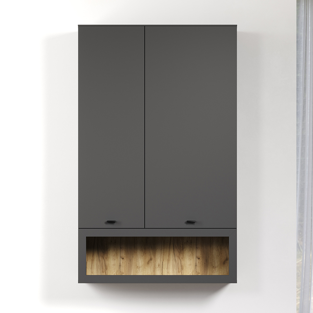 Benvia Wooden Wall Mounted Display Cabinet with 2 Doors in Anthracite and Evoke Oak